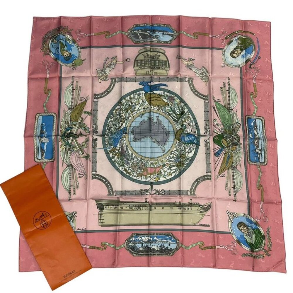 Hermes Scarf Silk Carre 90 le Geographe Geographer Pink